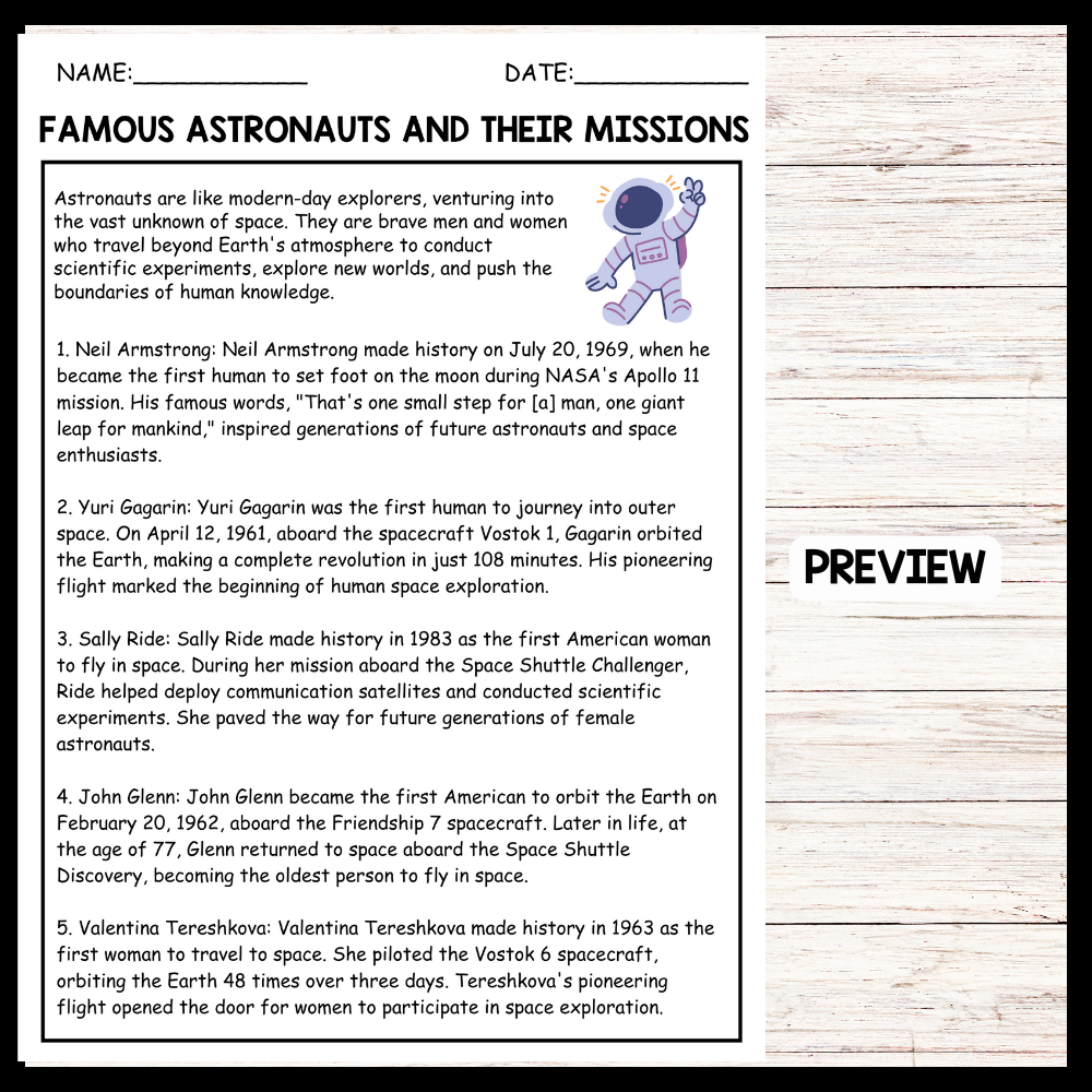 "FAMOUS ASTRONAUTS AND THEIR MISSIONS" Space Day Reading Comprehension ...