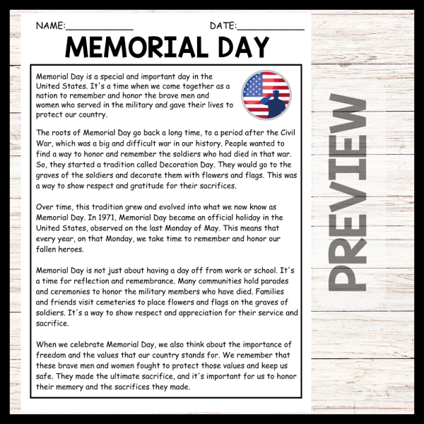 "MEMORIAL DAY" MEMORIAL DAY Reading Comprehension | Made By Teachers