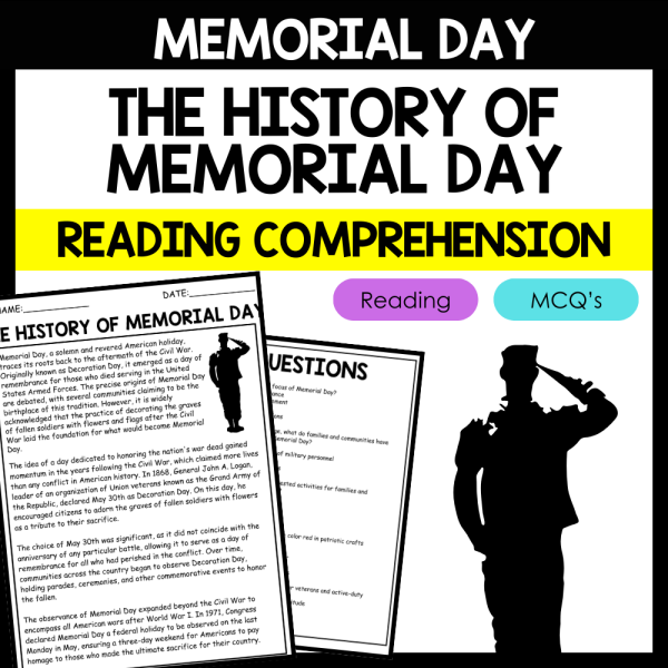 "THE HISTORY OF MEMORIAL DAY" MEMORIAL DAY Reading Comprehension | Made ...