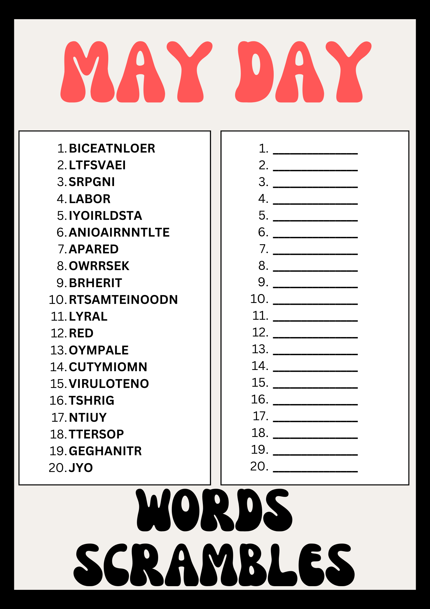 May Day Word Scrambles Puzzle Worksheet, Printables Activity