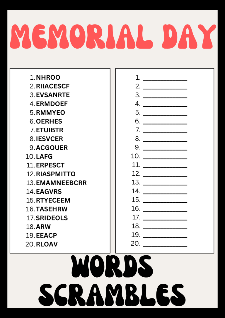 Memorial Day Word Scrambles Puzzle Worksheet, Printables Activity ...