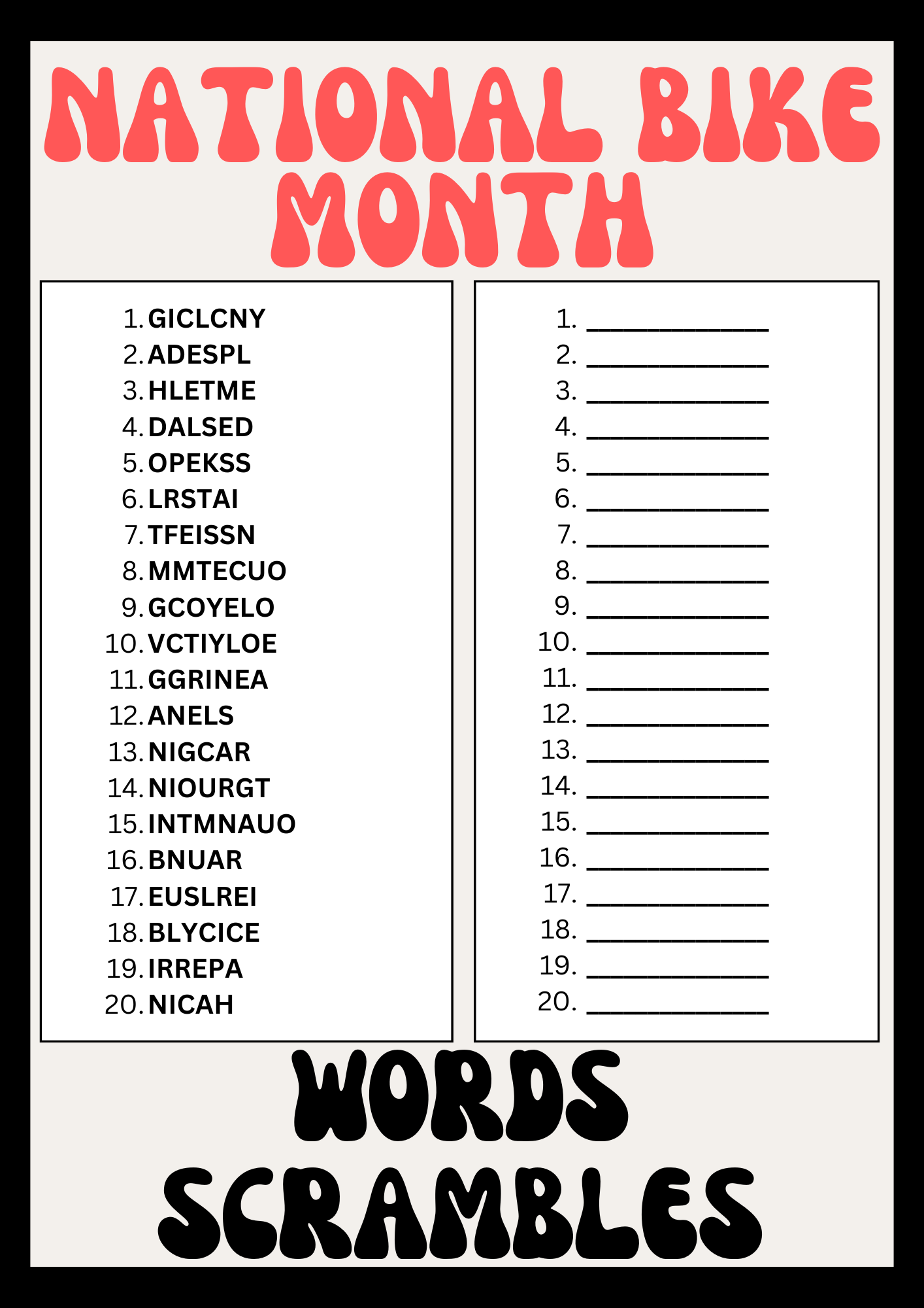 National Bike Month Word Scrambles Puzzle Worksheet, Printables Activity