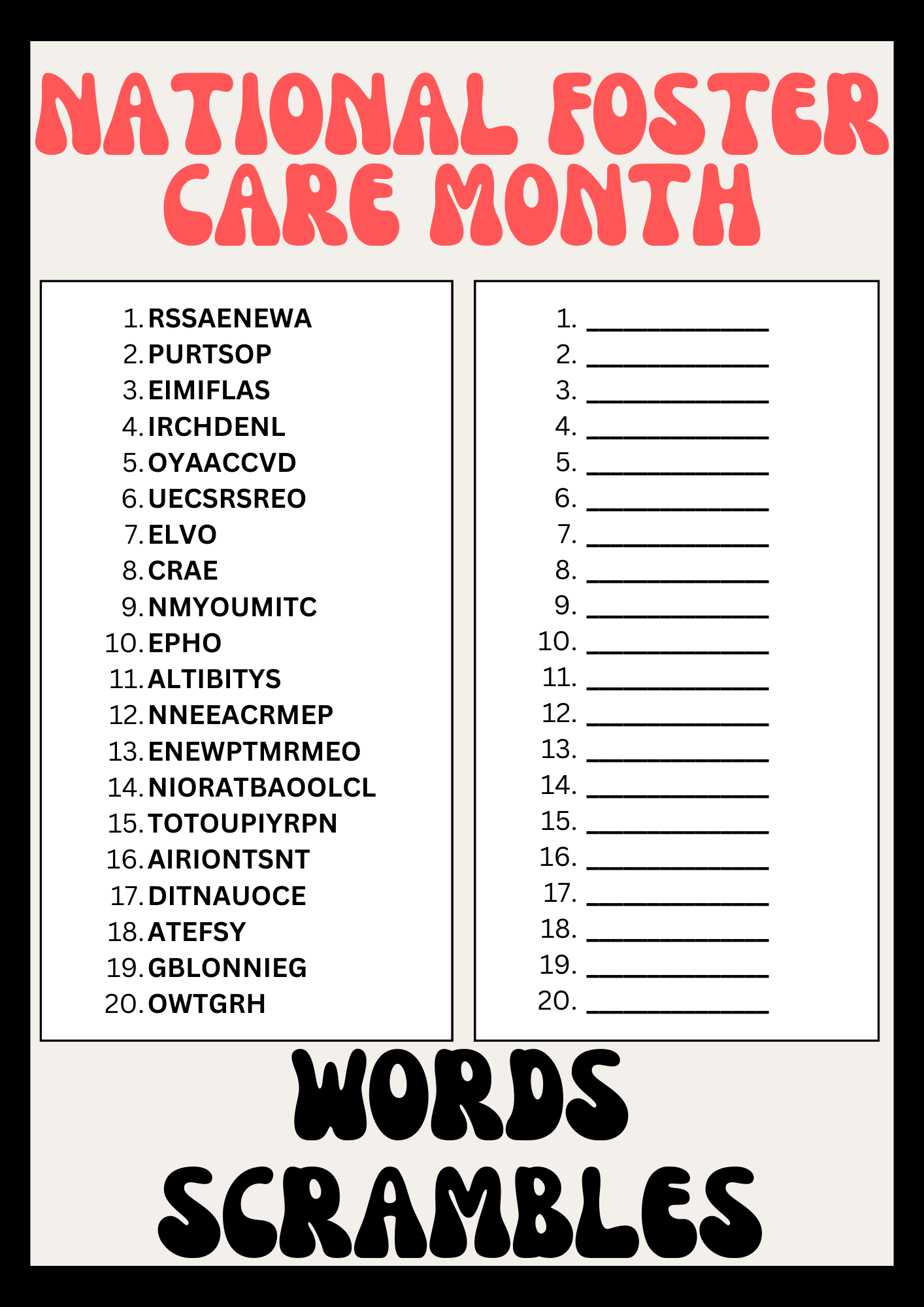 National Foster Care Month Word Scrambles Puzzle Worksheet, Printables Activity