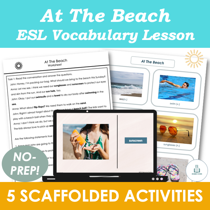 At The Beach - Adult ESL Beginner Summer Vocabulary Lesson, Activities