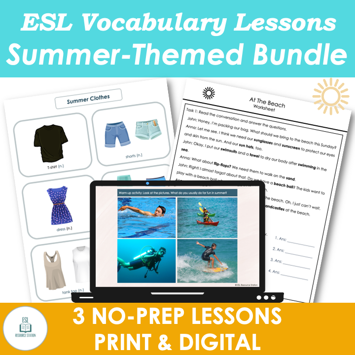 Summer Vocabulary Lesson Plans, Activities, Worksheets BUNDLE - Adult ESL EFL
