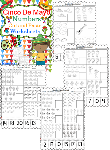 Cinco De Mayo Themed Numbers Cut and Paste Worksheets (1-20): | Made By ...