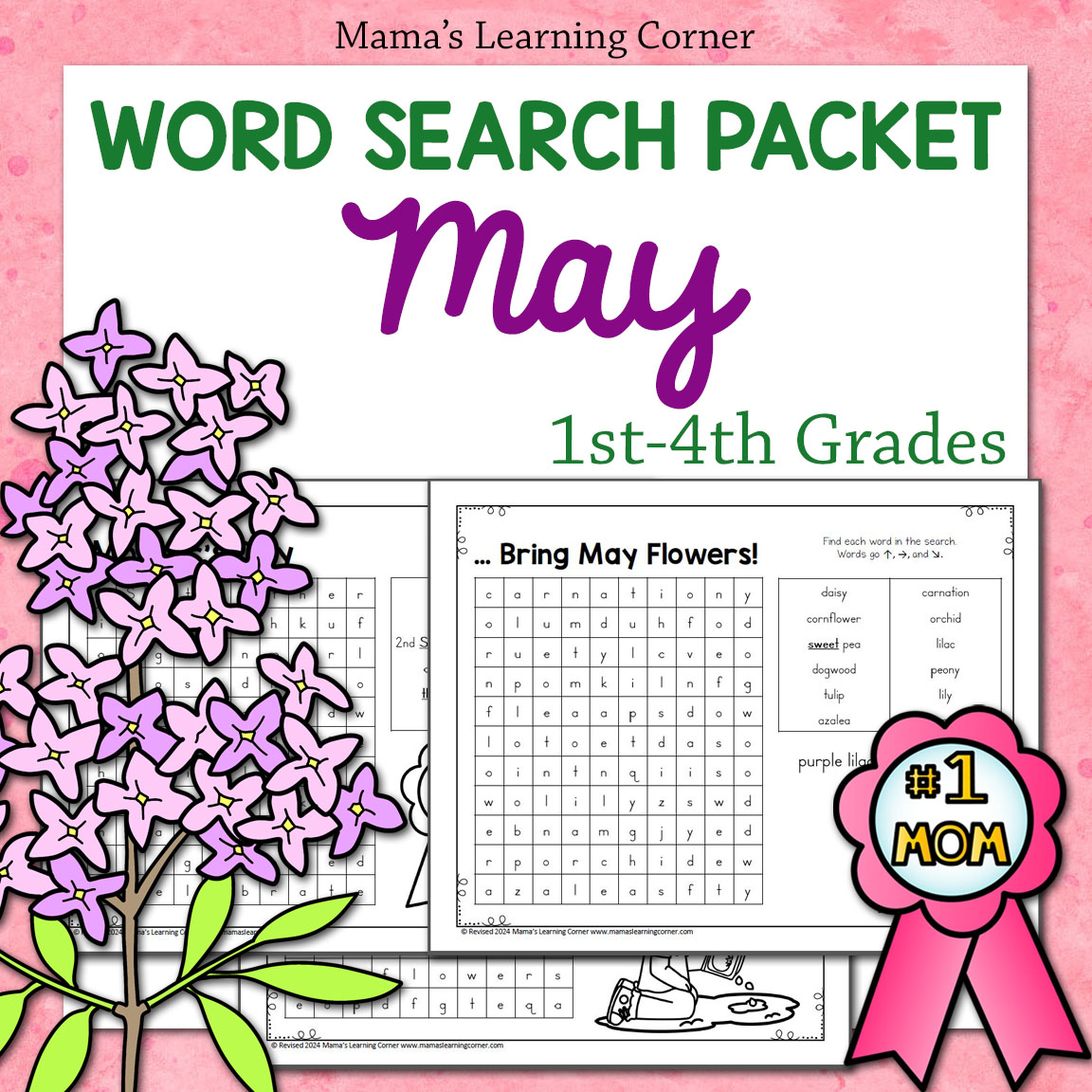 May Word Search Packet - Mother's Day, Memorial Day, Armed Forces Day, Flowers