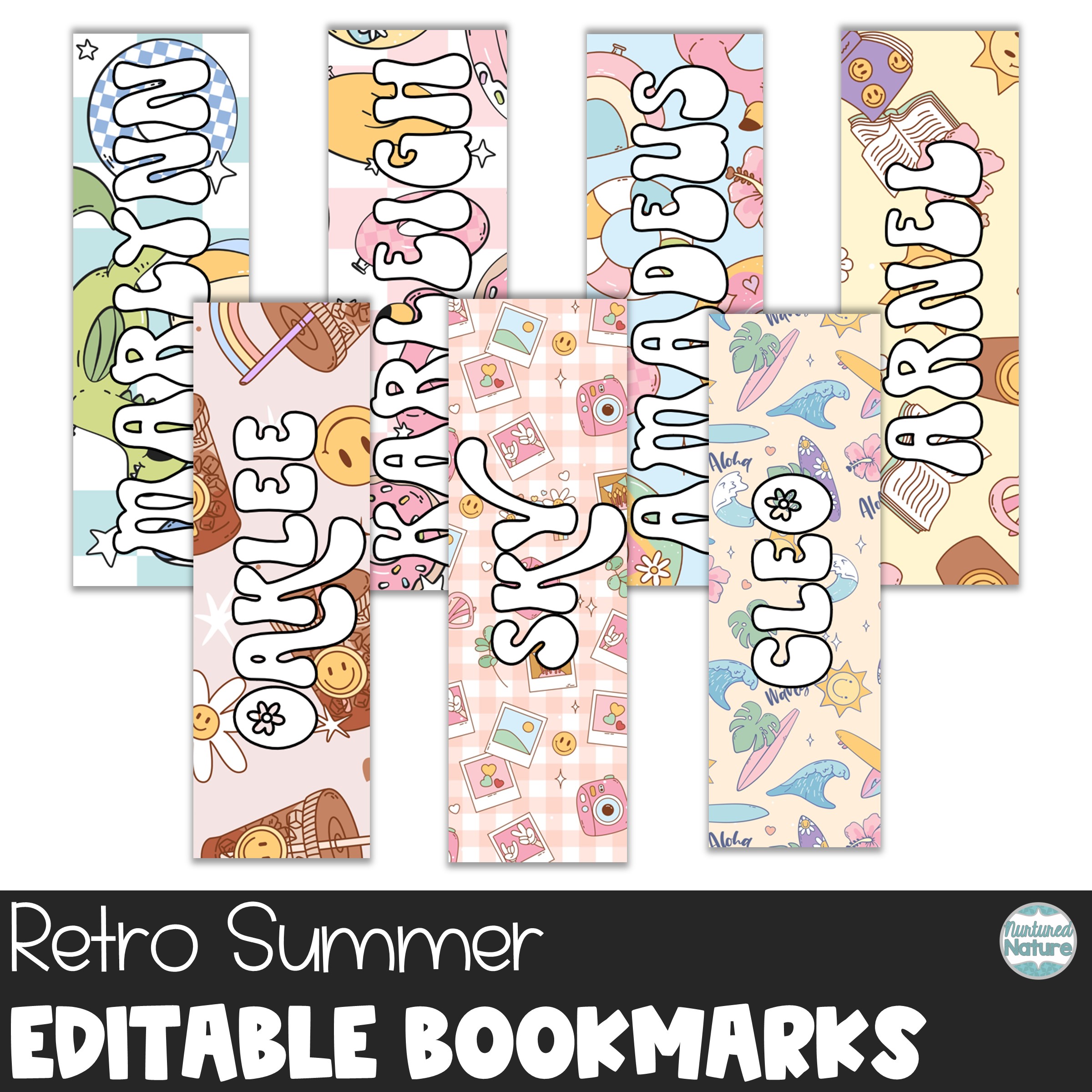 End of the Year Gifts for Students - Editable Name Bookmarks - Retro Pool Floats