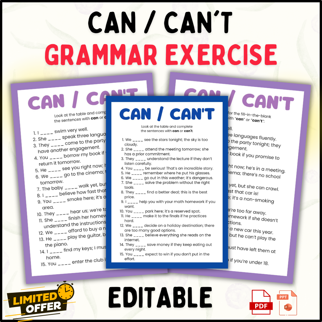 Can/Can't Grammar Exercises Activities for Kids (Grades 1-5) - Editable PPT+PDF