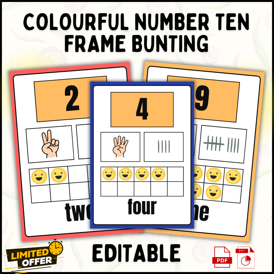 First Grade Ten Frame Bunting Activities: Editable PowerPoint & PDF Worksheets
