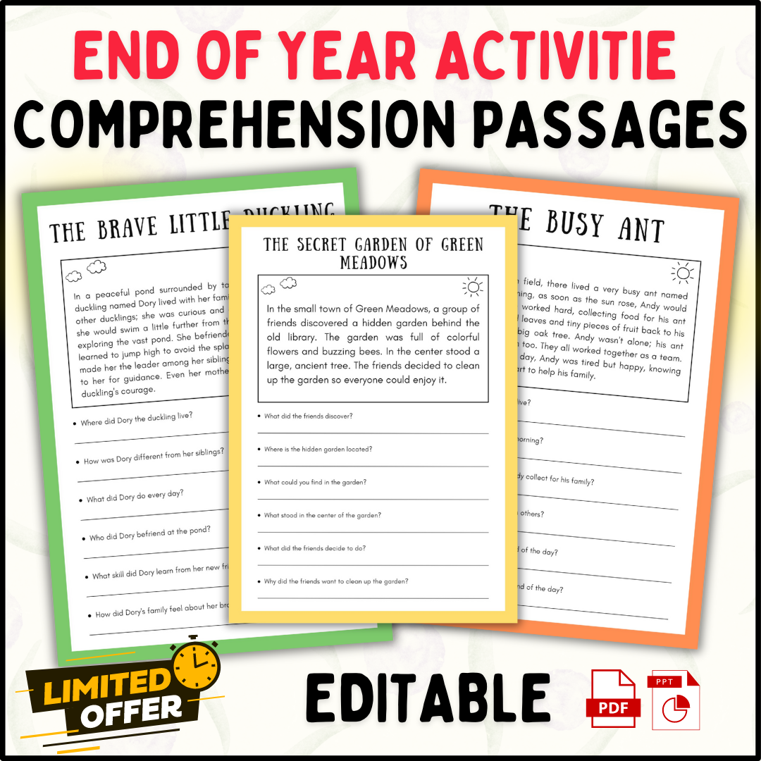 Reading Comprehension Passages + Questions 2nd-5th End of Year Activitie