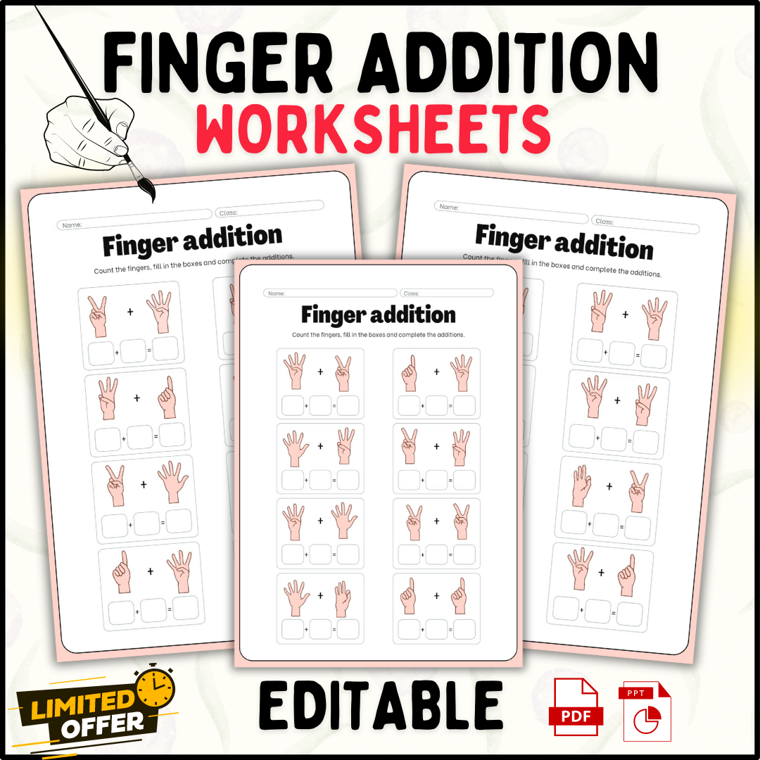 Math Skills with Finger Addition: Editable Worksheets (PPT & PDF) for Kids