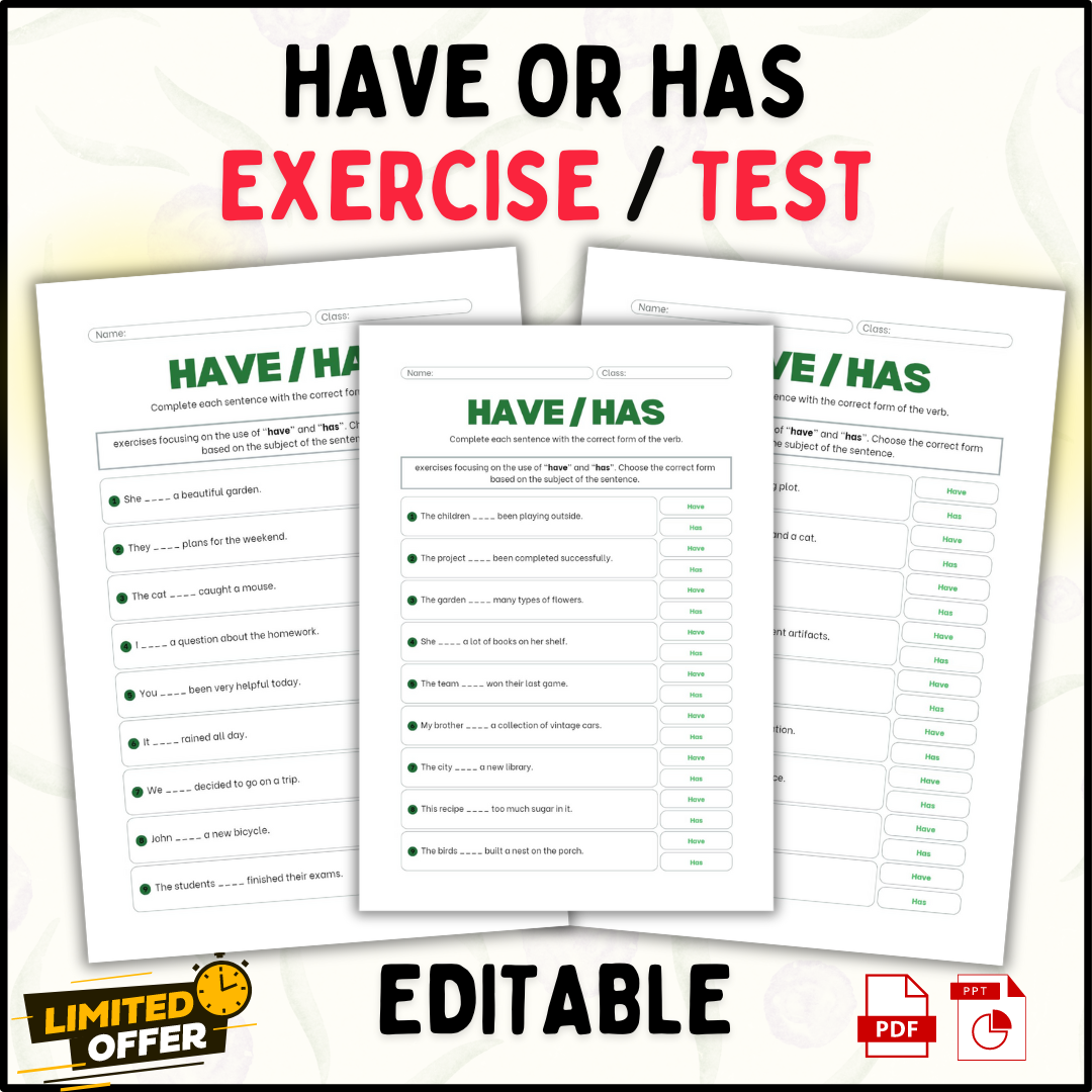 Have or Has Made Easy: Editable Grammar Exercises for Young Learners (PPT + PDF)
