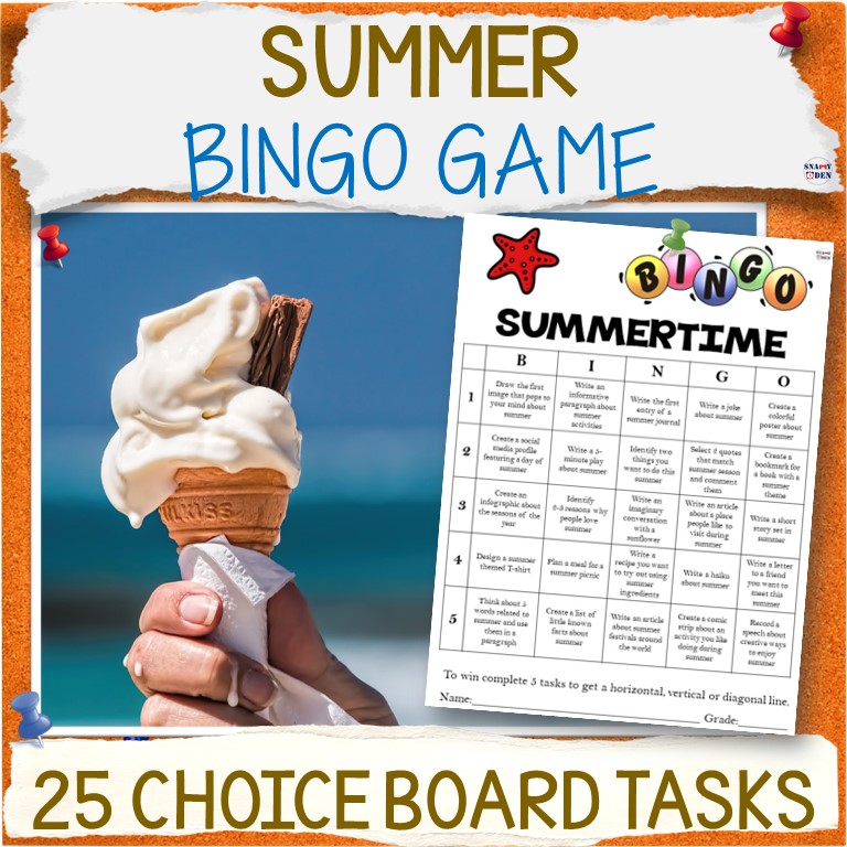 Summertime Bingo Game, Summer School Activities NO PREP Fun Choice Board