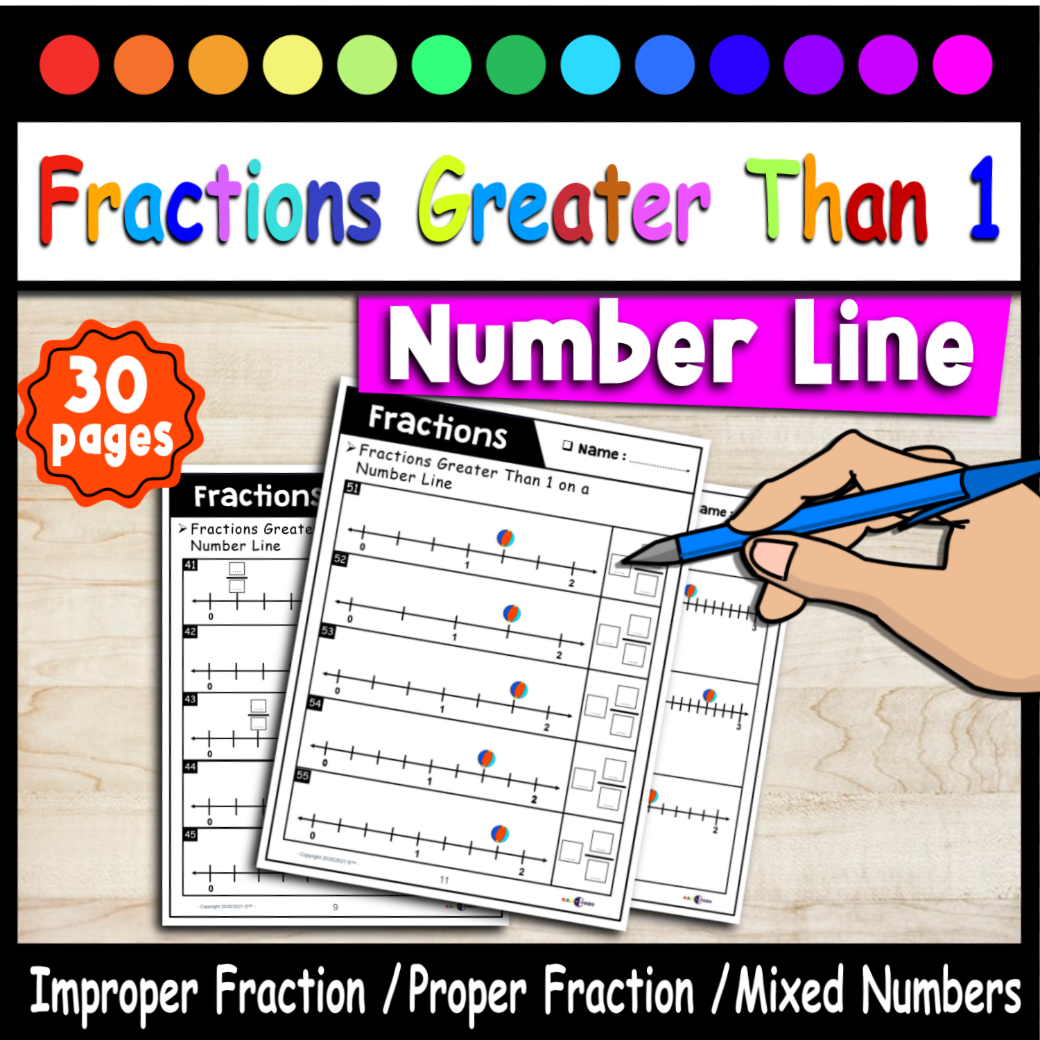 Worksheets for Representing Fractions Greater Than 1 on a Number Line