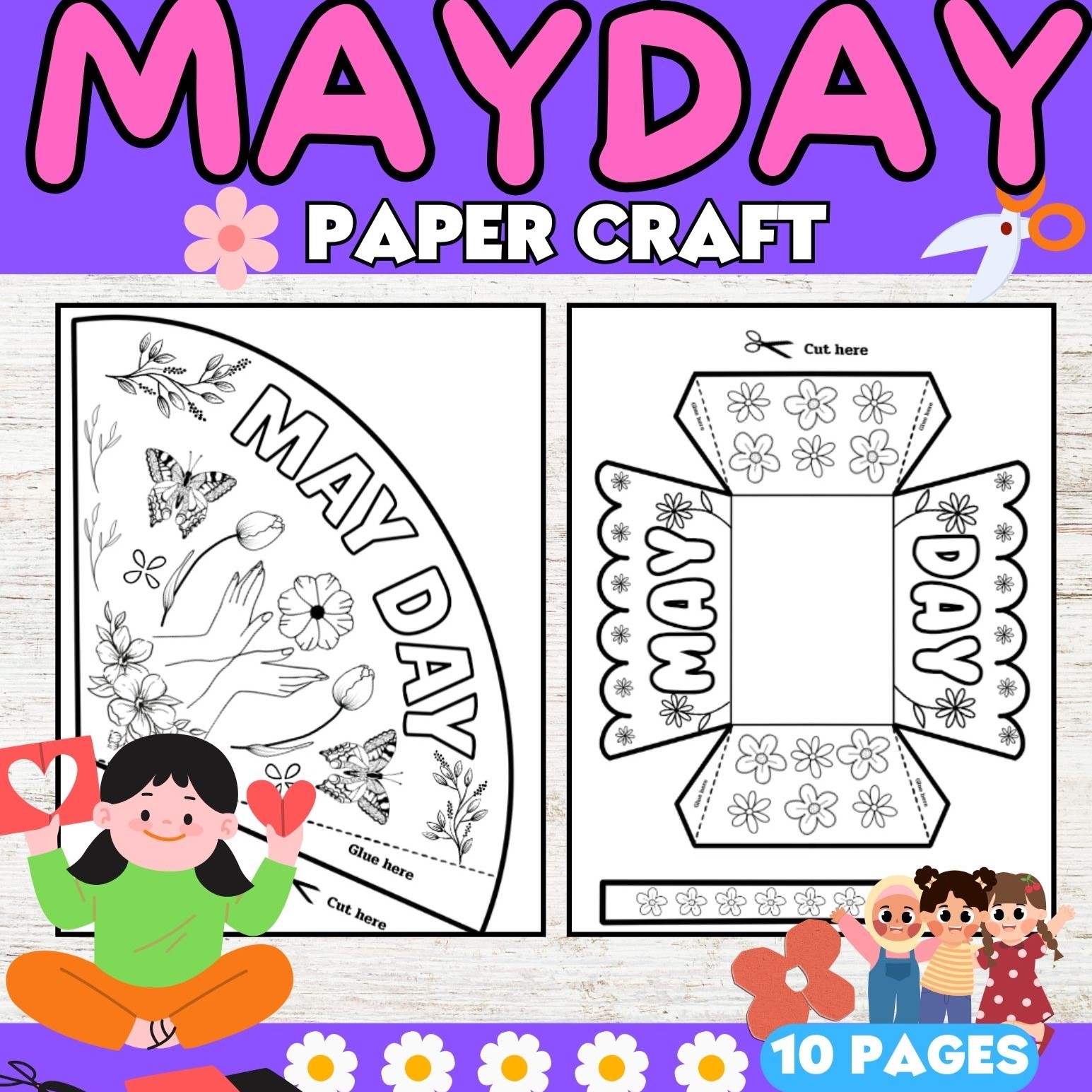MAY DAY BASKET Flowers Coloring Paper Craft Template for k 1st 2nd 3rd
