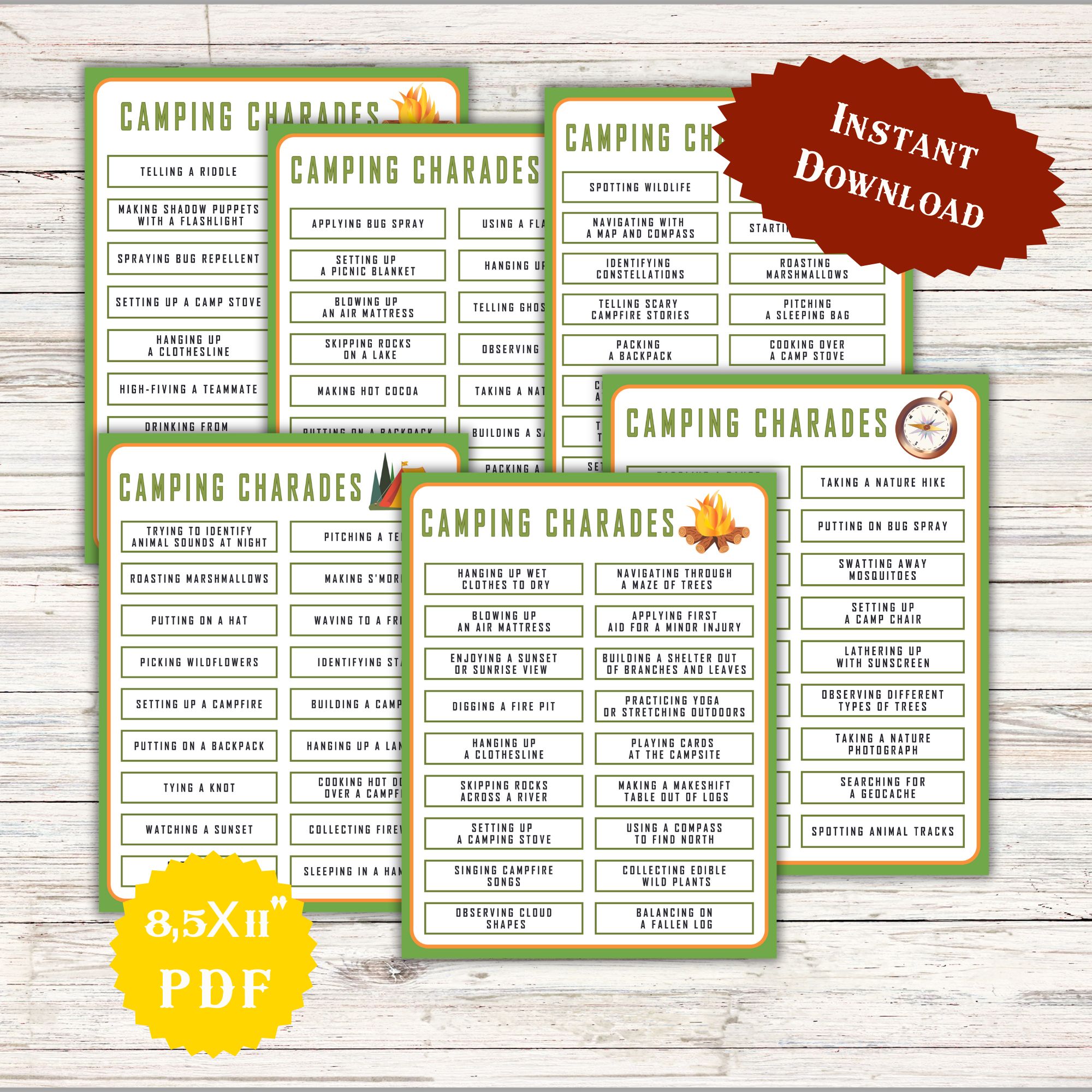 Camping Charades Activities for Kids & Adults Charade Cards End of the Year Printable