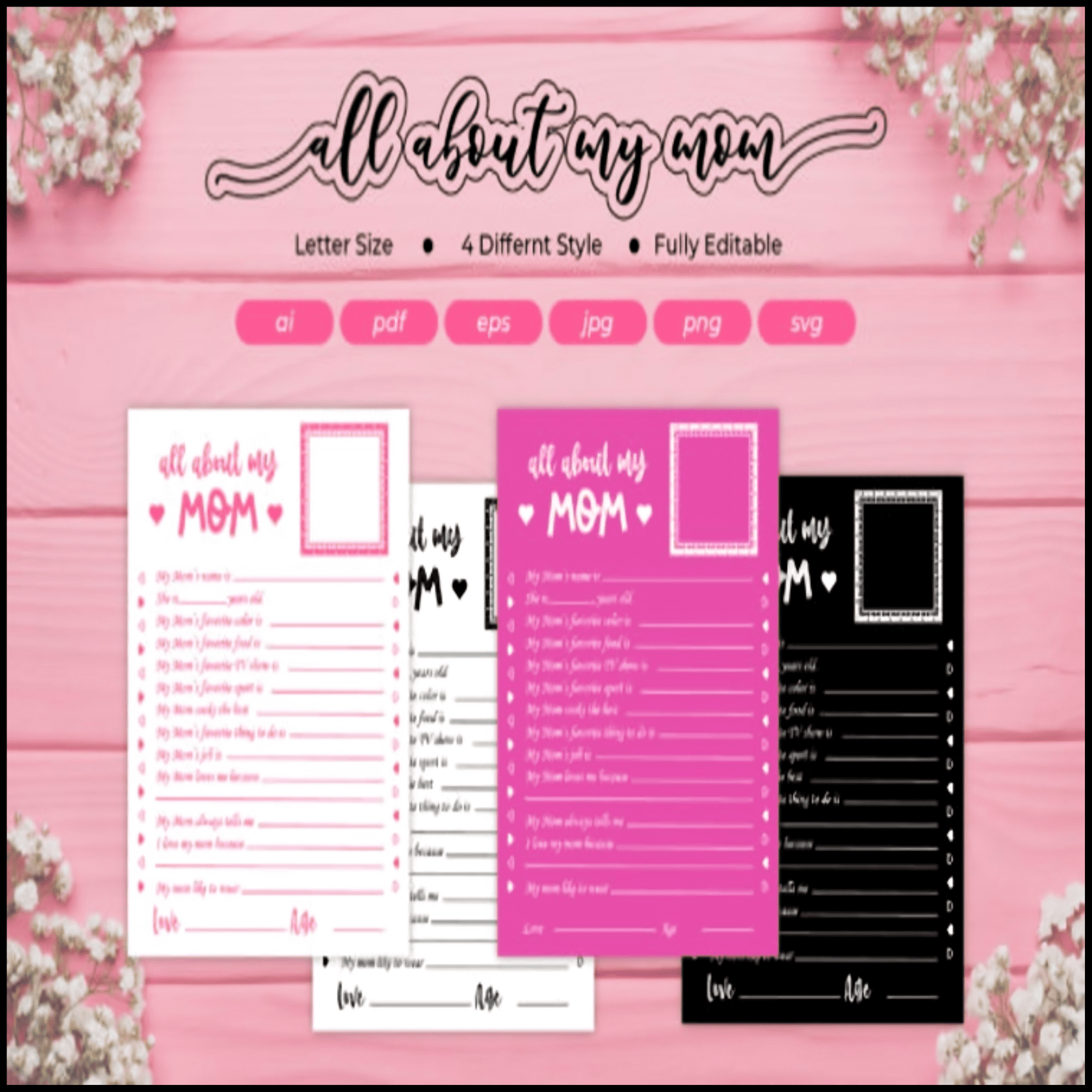 Mothers Day All About My Mom - Mothers Day Questionnaire - Mothers Day Card