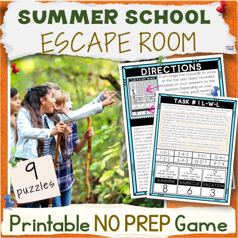 Summer School Escape Room Printable Activity Packet - 9 Puzzles Breakout Game