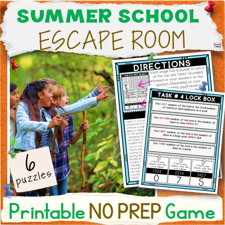 Summer School Escape Room Printable Activity Packet - 6 Puzzles Breakout Game