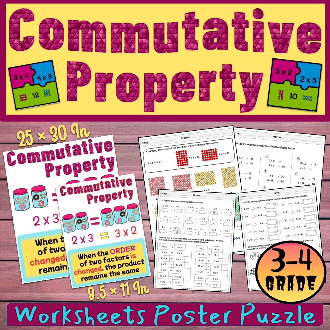 Commutative Property of Multiplication Worksheet, Poster, Puzzle 3rd, 4th Grade