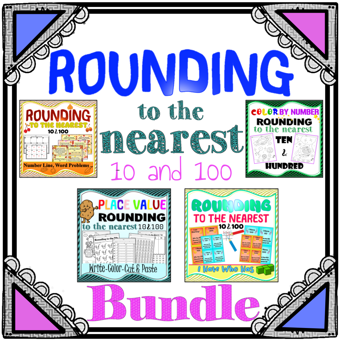 Rounding to the Nearest 10 and 100 Worksheet, Game, Task Cards, Color by Number