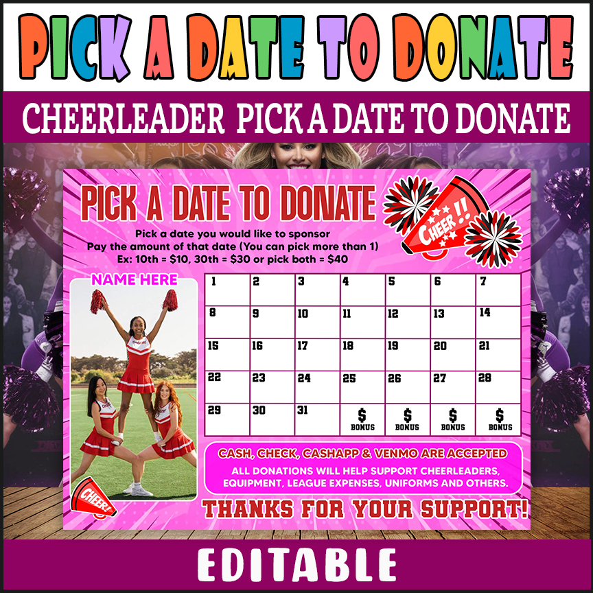 Cheerleader Pick a Date to Donate Fundraising Calendar Template, Fundraiser Donation Template