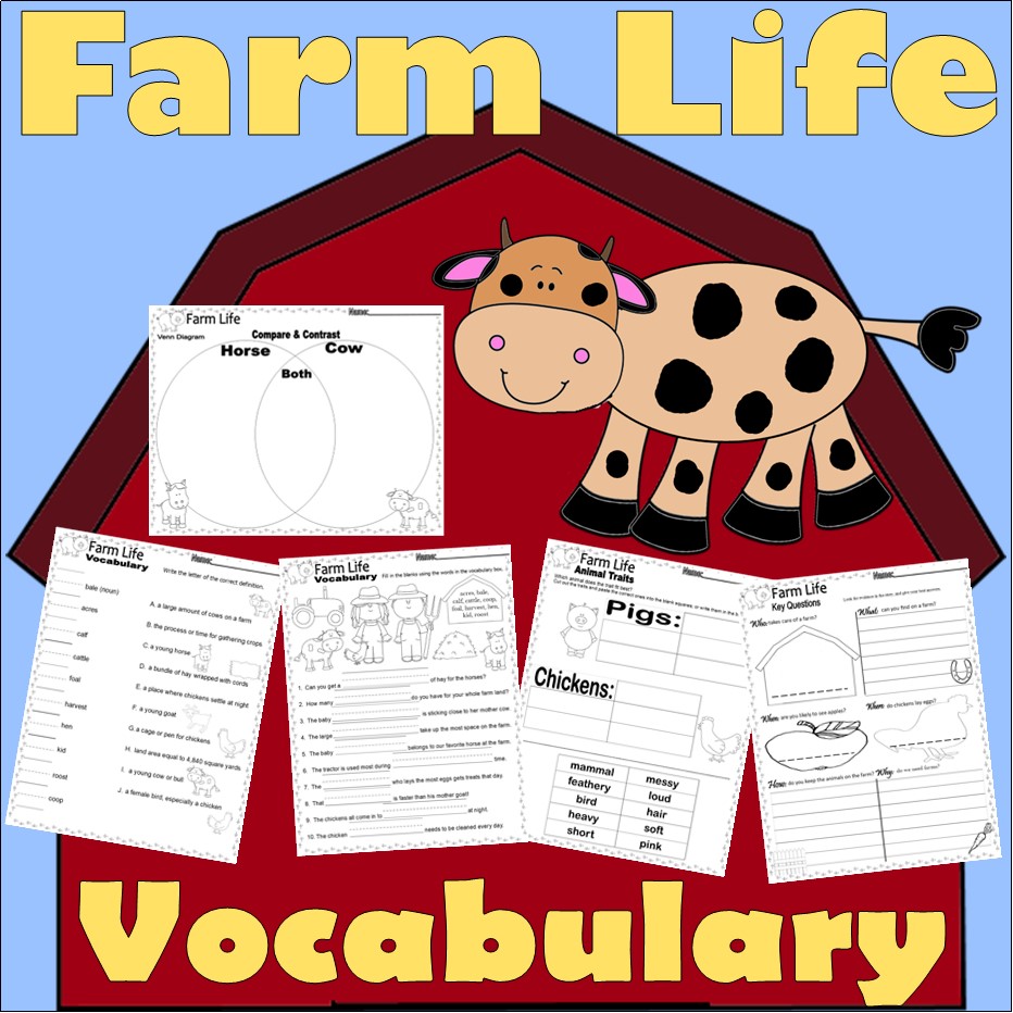 Farm Animals Theme Vocabulary Words Worksheets Definitions & FIB NO PREP