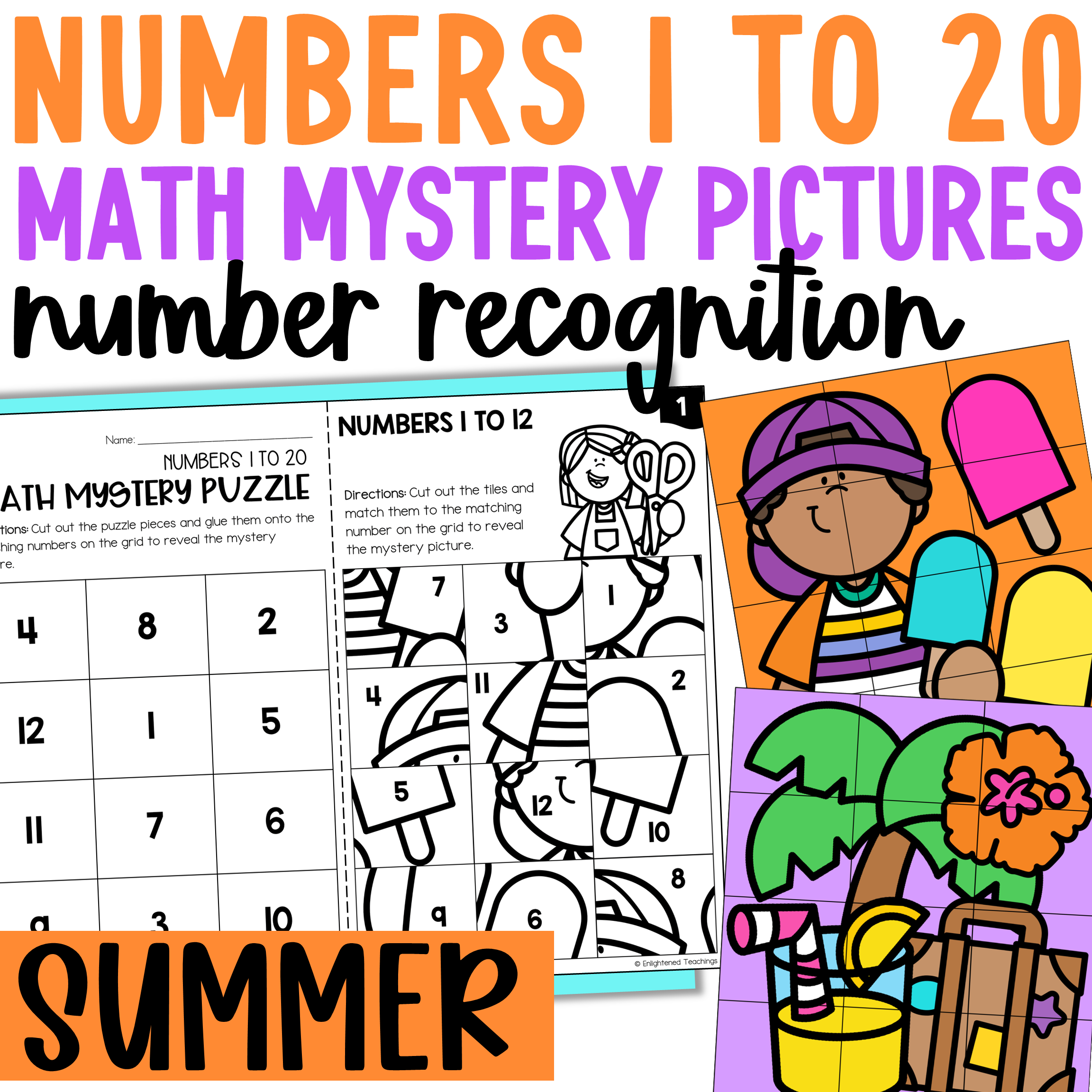 Summer Numbers to 20 Worksheets Math Mystery Puzzles Summer Number Recognition