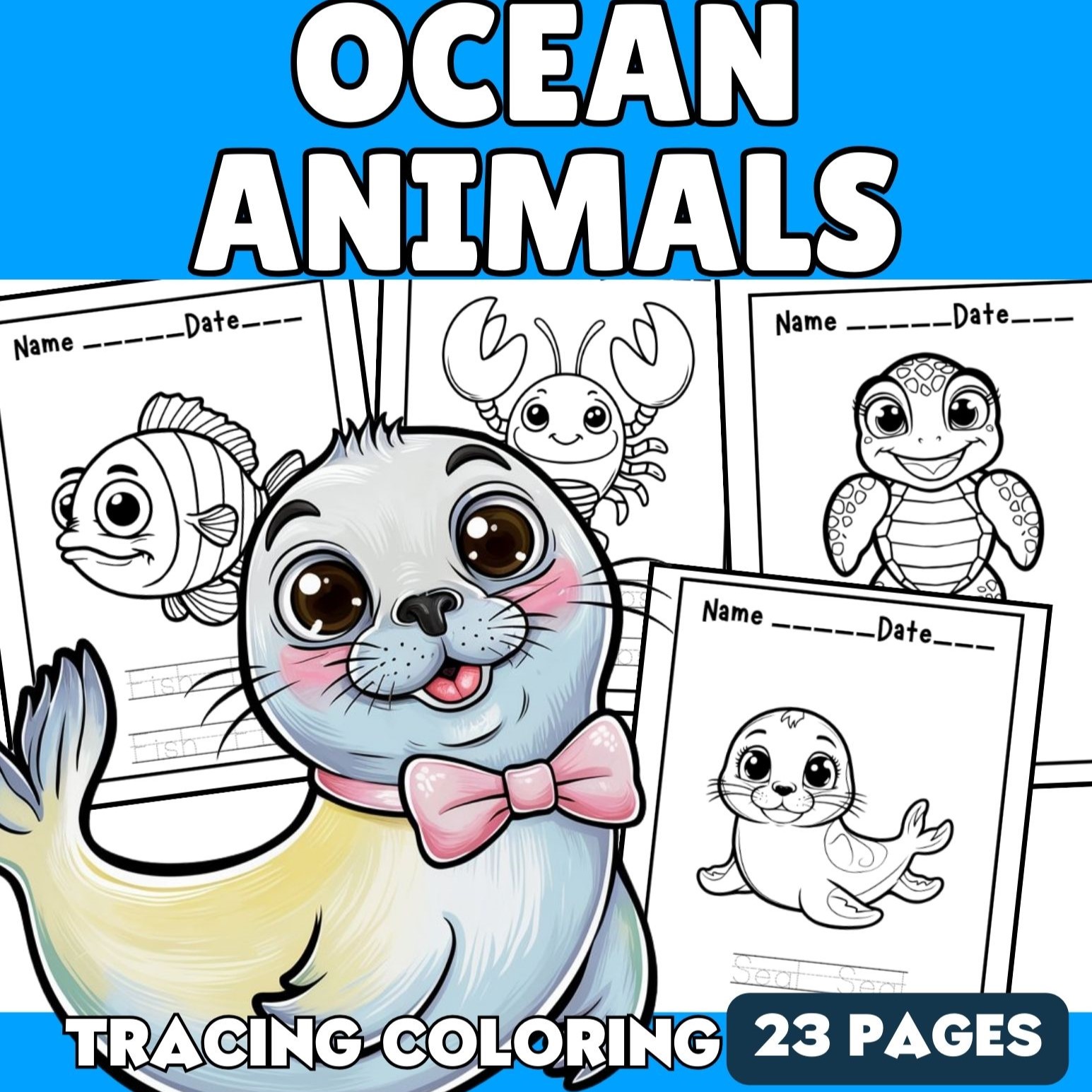 Ocean Sea Animals Tracing Coloring Vocabulary Word For Pre-k,k,1st,2nd