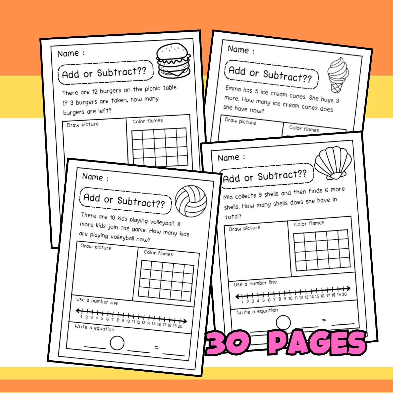 Summer Word Problems Addition Subtraction 1-20 Worksheet for K,1st,2nd