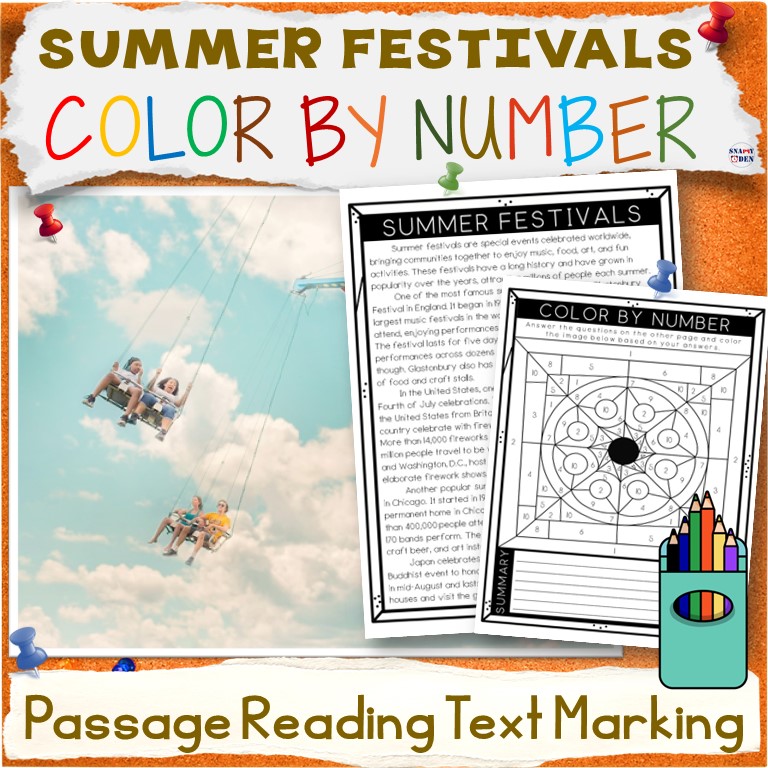 Summer Festivals Color by Number Summer School Reading Comprehension Passage