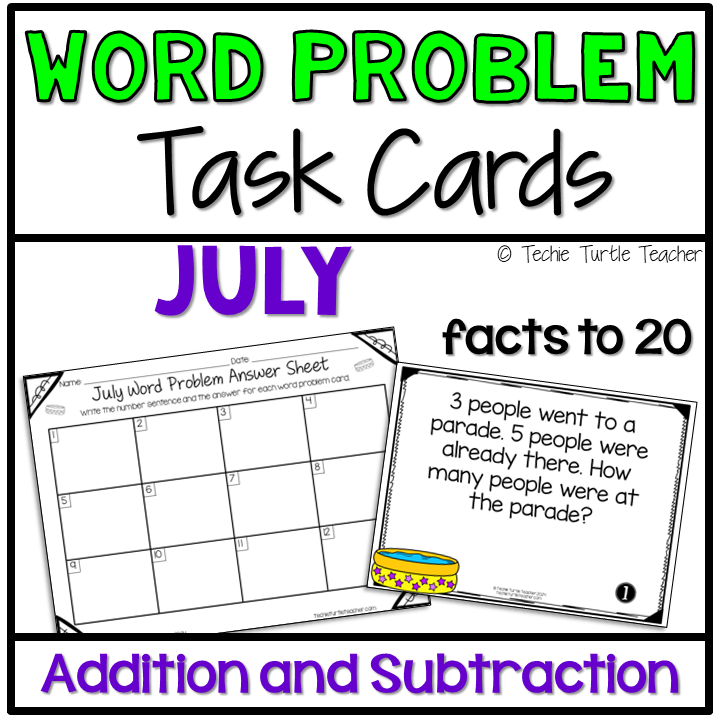 July Addition & Subtraction Facts within 20 One Step Word Problem Task Cards