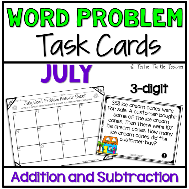 July 3-Digit Addition & Subtraction One Step Word Problem Task Cards for Summer