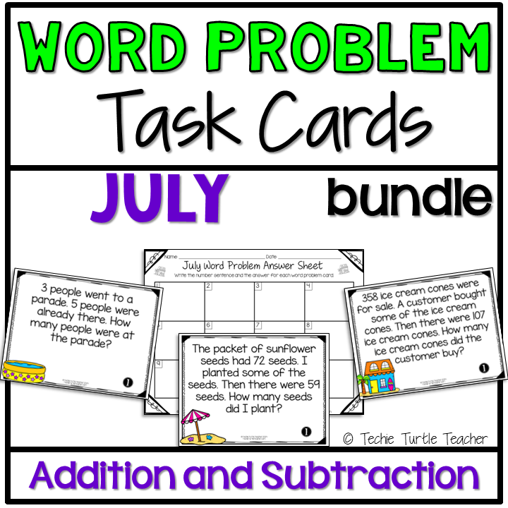 July Addition & Subtraction One Step Word Problem Differentiated Task Cards