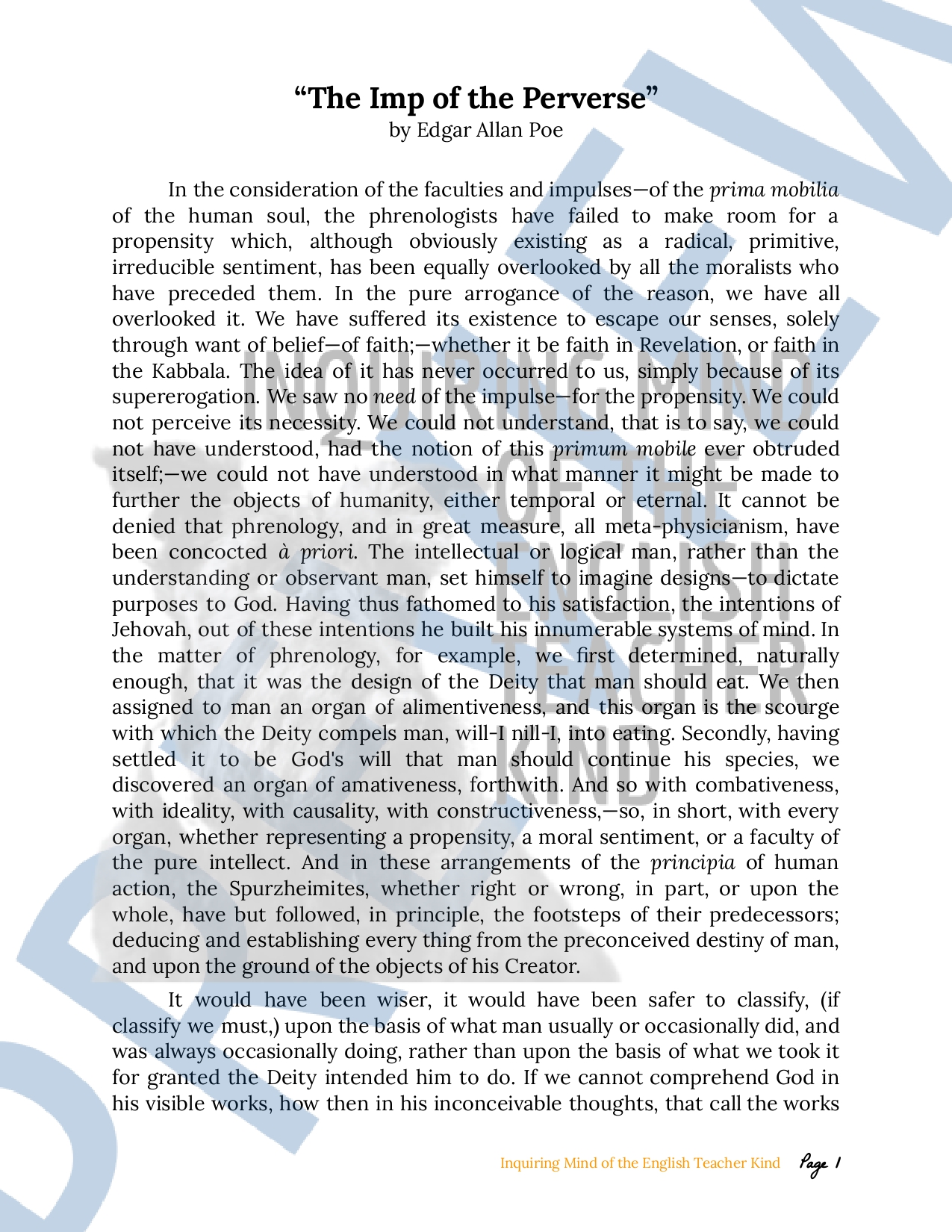 "The Imp of the Perverse" by Edgar Allan Poe Close Reading Analysis ...