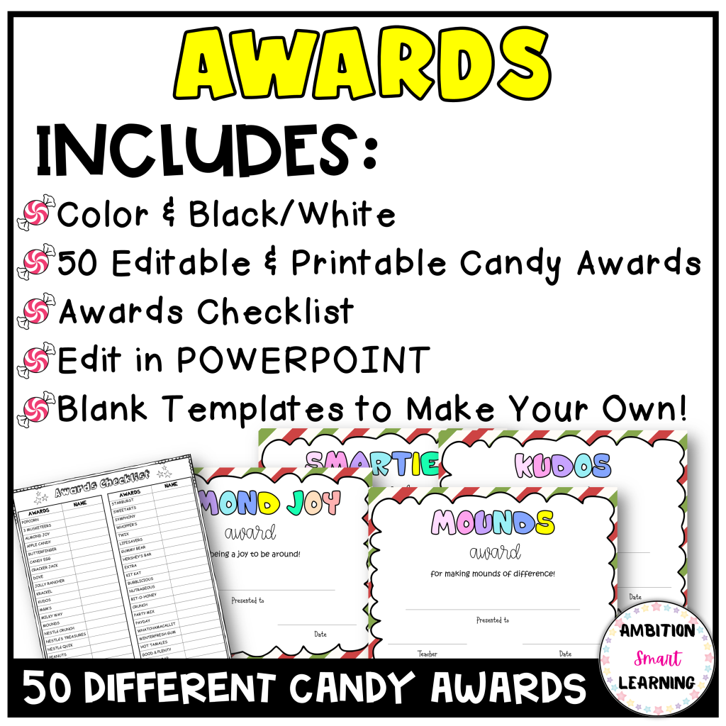 End of the Year Awards Certificates Class Candy Awards Day EDITABLE ...