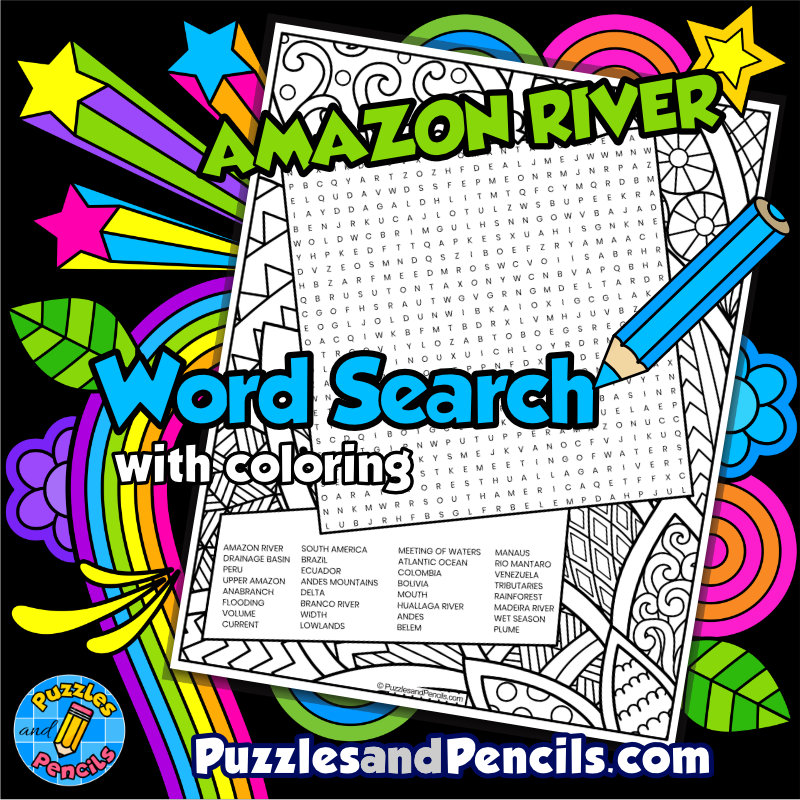 Amazon River Word Search Puzzle with Coloring | Rivers of the World