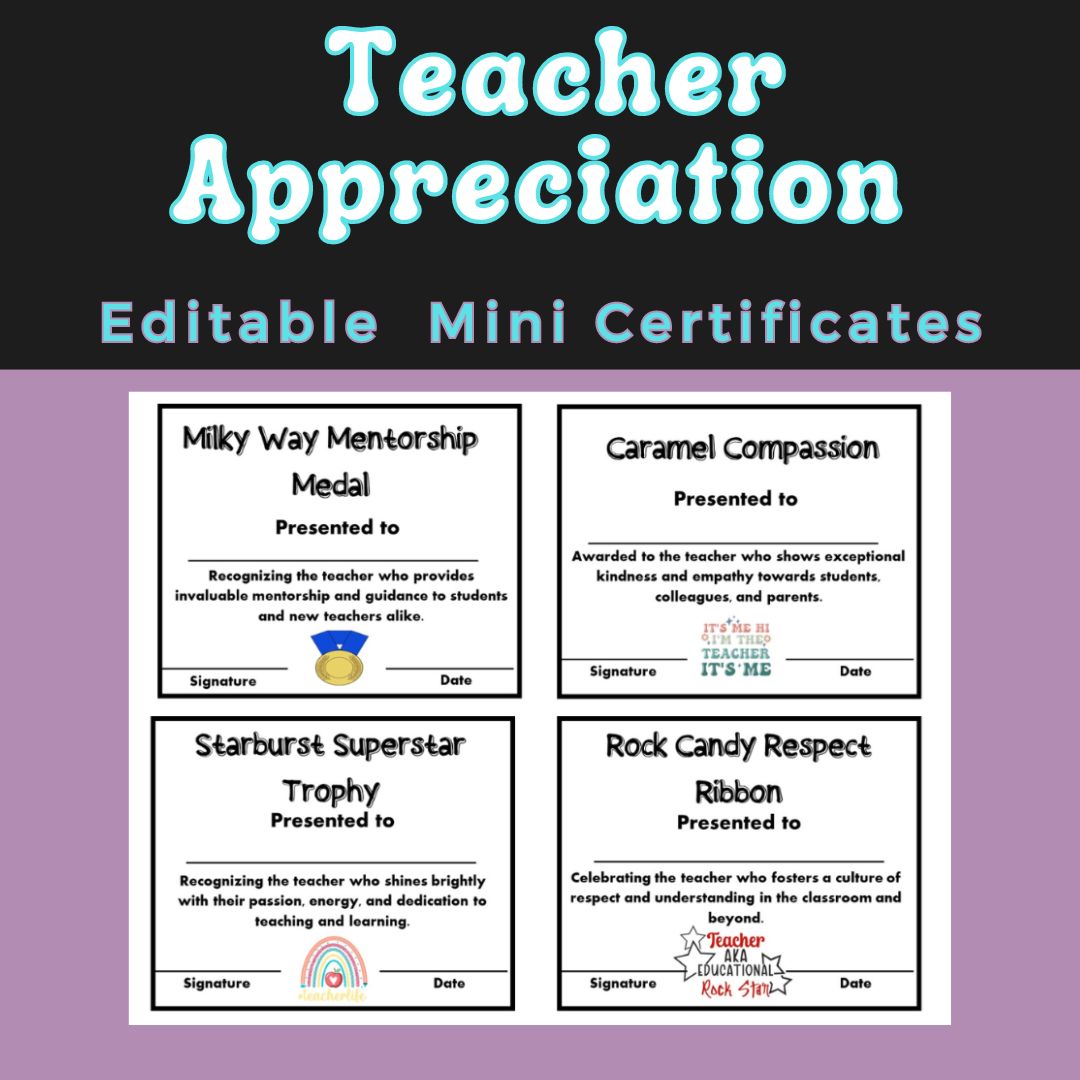 Editable Candy Teacher Appreciation Certificates| Candy Awards