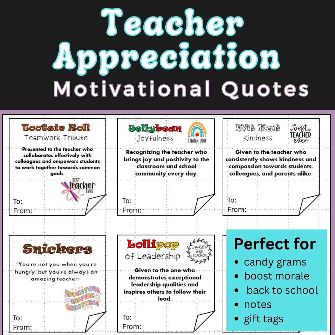 Editable Candy Teacher Appreciation tags| Motivational Quotes| Back to School