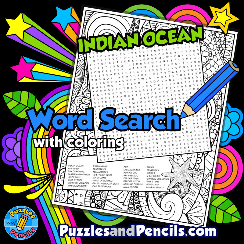 Indian Ocean Word Search Puzzle with Coloring | Oceans of the World