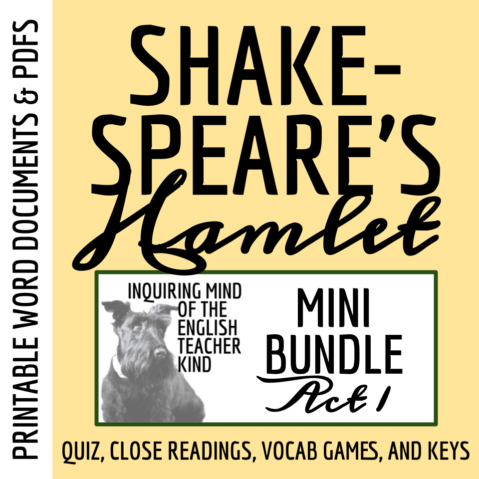 Hamlet Act 1 Quiz, Close Reading Worksheets, and Vocabulary Games Bundle