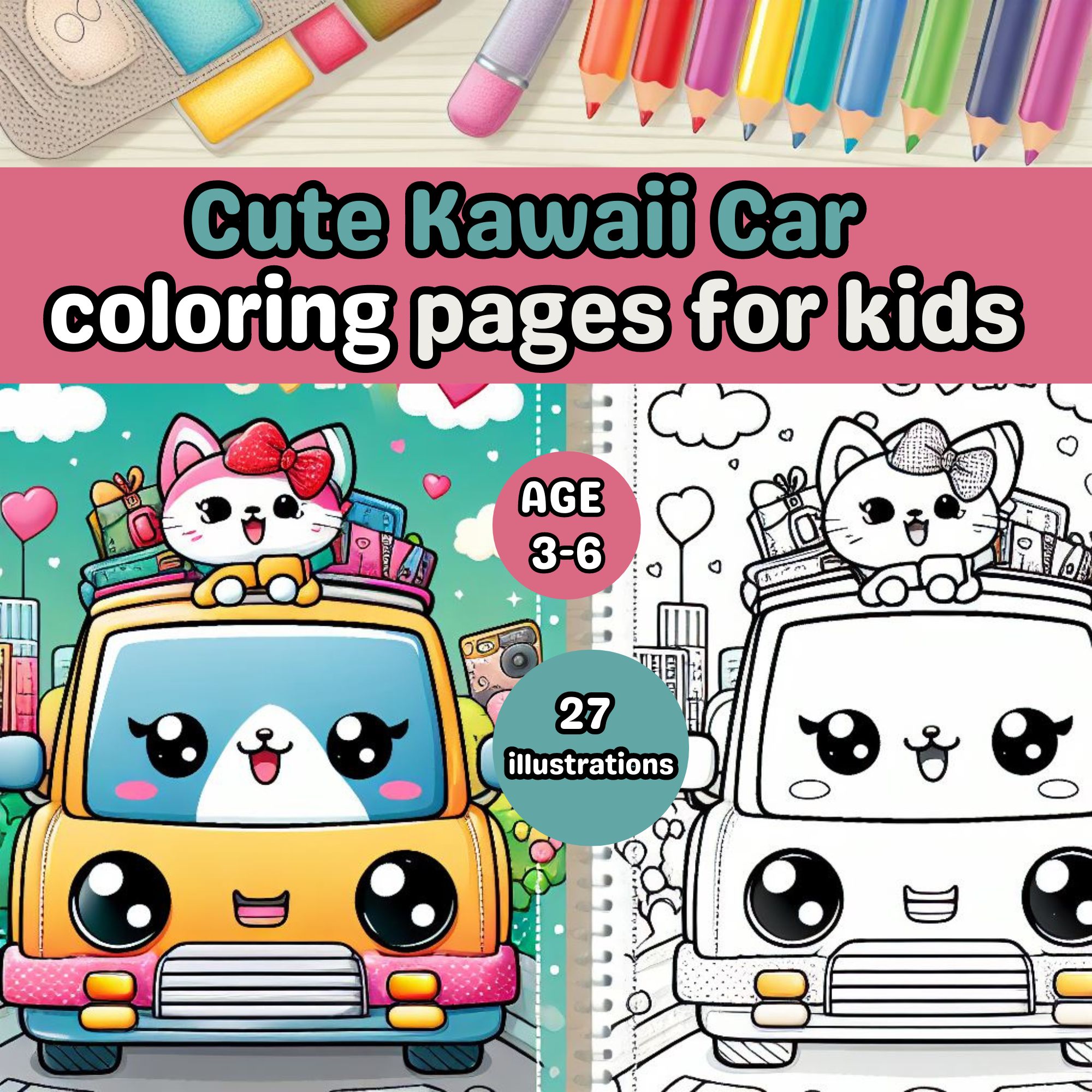 Cute Kawaii Car coloring pages for kids