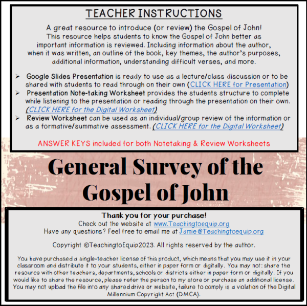 Gospel of John Bible Book Overview Lecture Presentation with Notes and ...