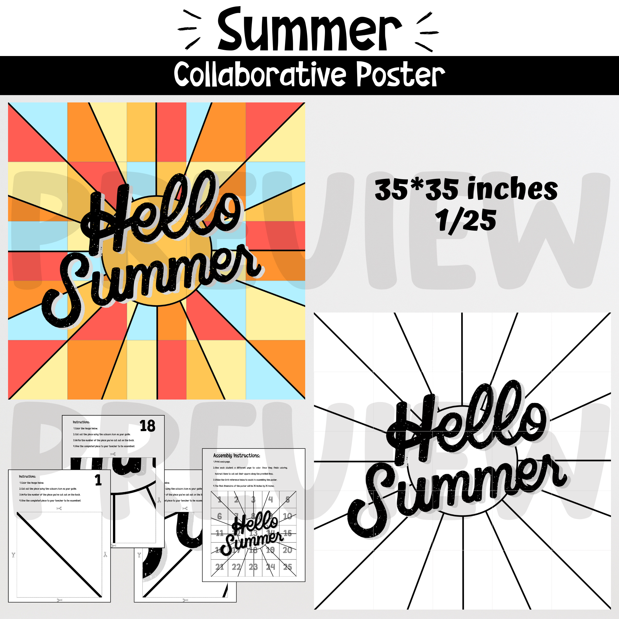 Summer collaborative poster, coloring pages, crafts, end of school year, art project