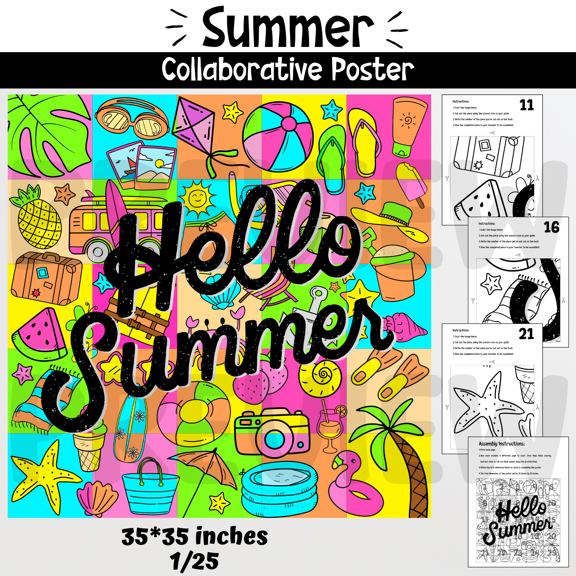 Summer collaborative poster, coloring pages, crafts, end of school year, art project