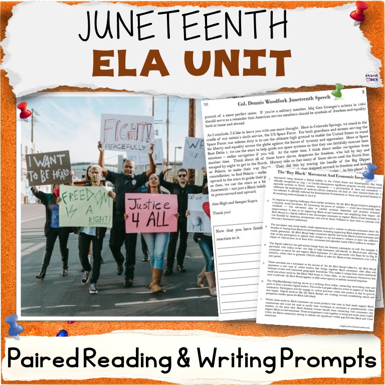 Juneteenth Unit - Bell Ringers, Paired Reading ELA Activities, Writing Prompts