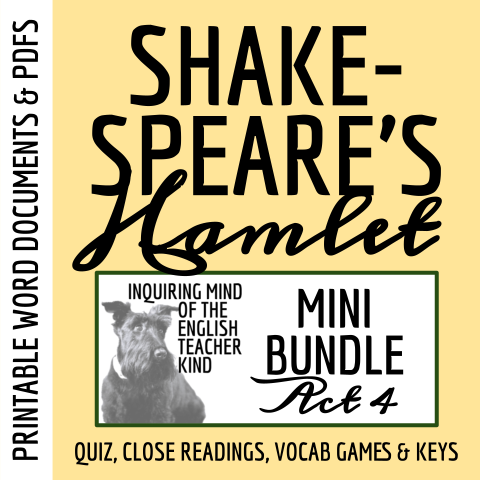 Hamlet Act 4 Quiz, Close Reading Worksheets, and Vocabulary Games Bundle