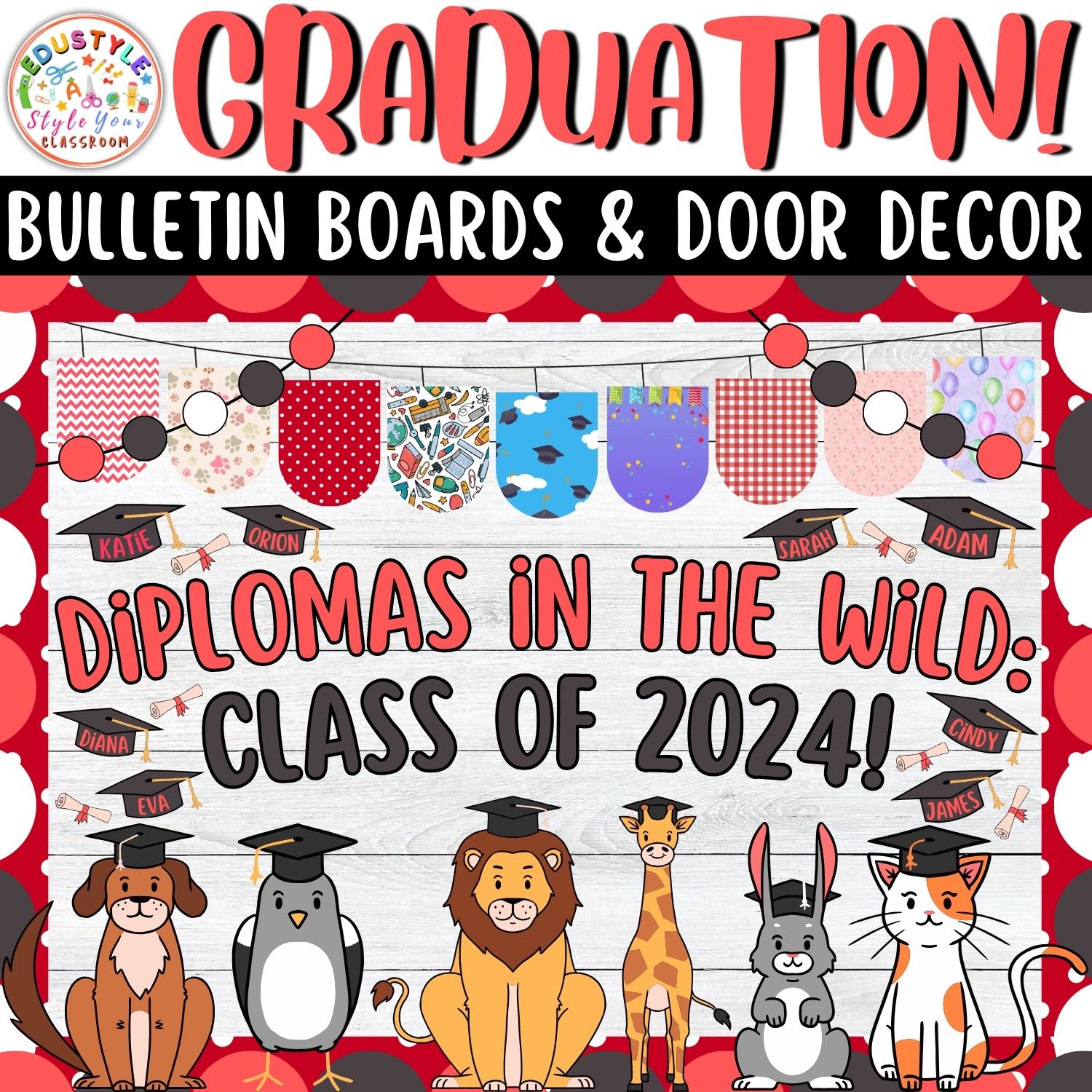 Diplomas in the Wild: Animals Graduation Bulletin Boards And Door Decor Kits | May And June Decor