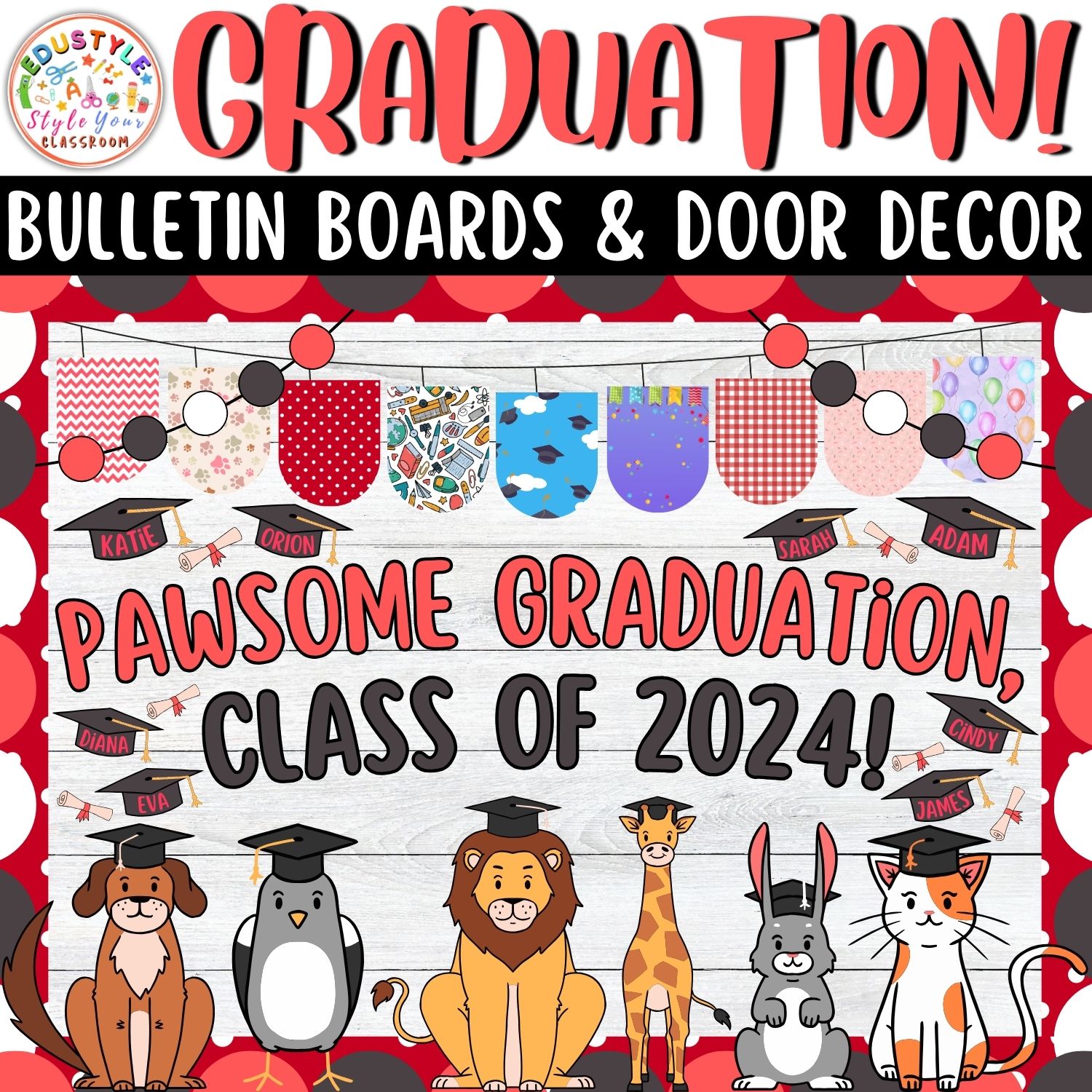 Pawsome Graduation, Class: Animals Graduation Bulletin Boards And Door Decor Kits | May & June Decor